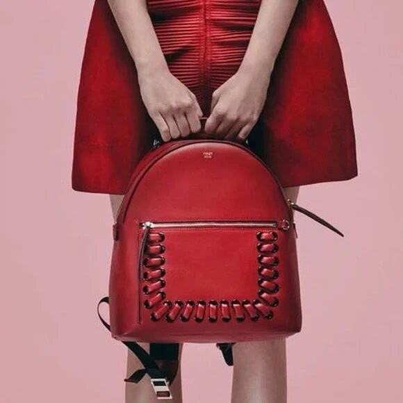 Fendi Leather By The Way Medium Backpack Red Whipstitch Accents - Picture 1 of 4